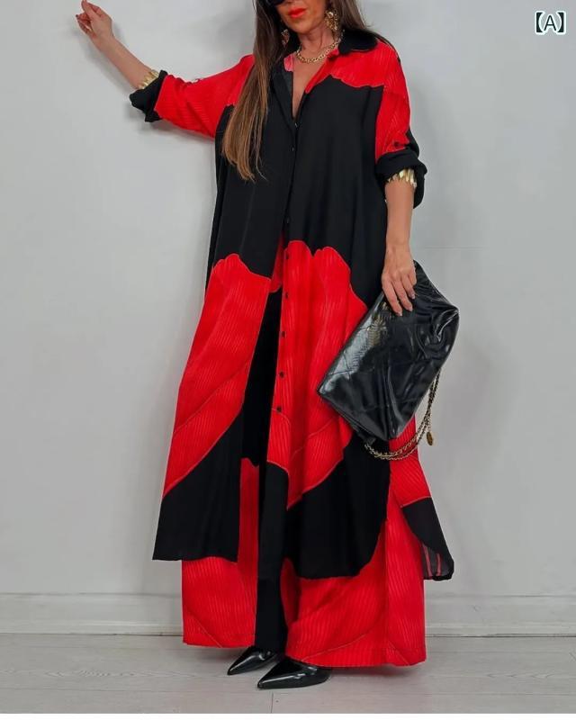 フォークBRのレディース 春夏 ファッション セットアップ 切り替え デザイン ワイドパンツ ロングスリーブ シャツ トップス 気質 通勤 スタイル ポケット プリント 加工 ポリエステル 素材 95% 以上 赤 ブルー ネイビー グリーン ワインレッド ベージュ カ｜アングル2