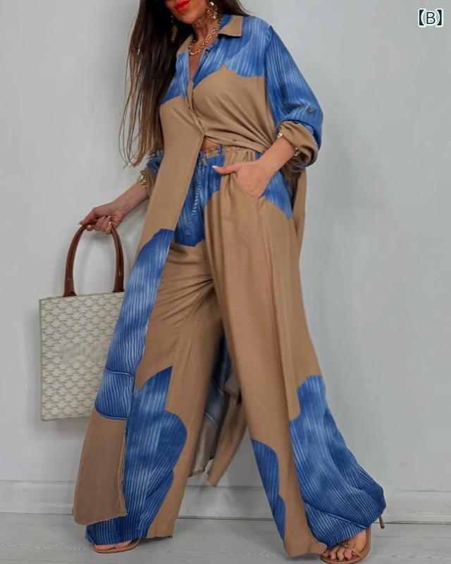 フォークBRのレディース 春夏 ファッション セットアップ 切り替え デザイン ワイドパンツ ロングスリーブ シャツ トップス 気質 通勤 スタイル ポケット プリント 加工 ポリエステル 素材 95% 以上 赤 ブルー ネイビー グリーン ワインレッド ベージュ カ｜アングル3