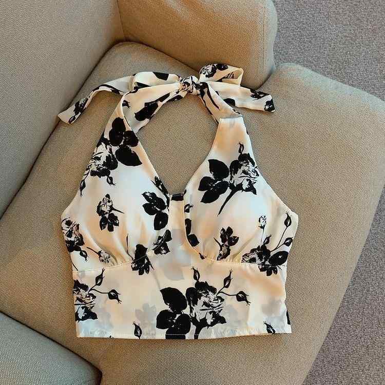 Camisoles - トップス レディース 花柄 ハングネック 吊り紐 キャミソール 夏 春夏 Vネック スリム 背中開き 紐付き セクシー かわいい 軽量 ポリエステル 白 黒 超短丈 修身 少女風 清新 甘め 肩紐取り外し インポート