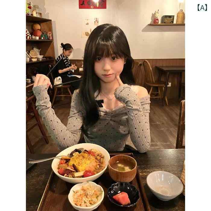 Camisoles - Tシャツ 女性用 秋冬 インナー トップス 長袖 肩紐 ワンショルダー 修身 普通丈 一字領 レース 蝶結び モダール 再生繊維 グレー セットインスリーブ プリント 韓国風 セクシー かわいい レイヤリング 薄手 伸縮性 吸湿速乾 日韓カジュアル 普段