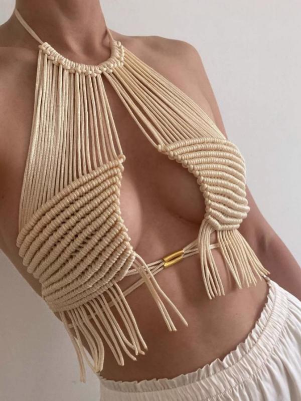 ビキニ カバーアップ ボヘミアン 女性用 ビーチ ハルムトップ クロシェ 流蘇 上衣 掛け脖 肩紐 不規則 デザイン 幾何 柄 田園 風 甘め スタイル ナイロン 混 ストレッチ なし 杏色 春季 軽量 ゆったり フィット スイムウェア レイヤード