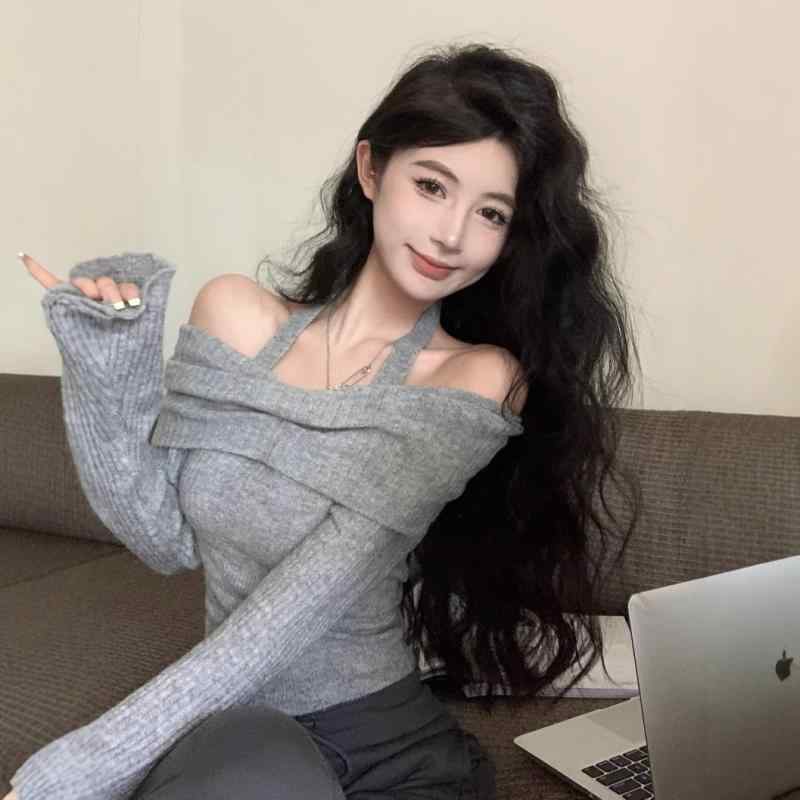 Other - ニットトップス レディース 秋冬 韓国風 セクシー ワンショルダー ハングネック 長袖 修身 スリム 短丈 上衣 グレー ブラック 杏色 燕麦色 中厚 伸縮性 スパンデックス セットインスリーブ 不規則シルエット 私服 御姐スタイル かわいい 普段使い