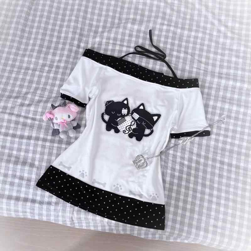Tシャツ レディース 夏 短袖 一本肩 ハングネック ボヘミアン 猫柄 プリント 切り替え トップス 修身 かわいい 清新 接触冷感 吸湿速乾 ブラック ホワイト ポルカドット 軽量 伸縮性 デイリー 普段使い