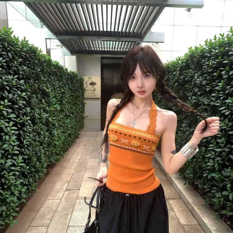 Other - キャミソール 女性用 夏 かわいい 花柄 レース 切り替え ハングネック ニット 伸縮性 ショート丈 修身 デザイン トップス ブラウス 橙色 白色 軽量 吸湿速乾 清楚 甘め 肩ストラップ カジュアル 普段使い 通勤 インナー レイヤード