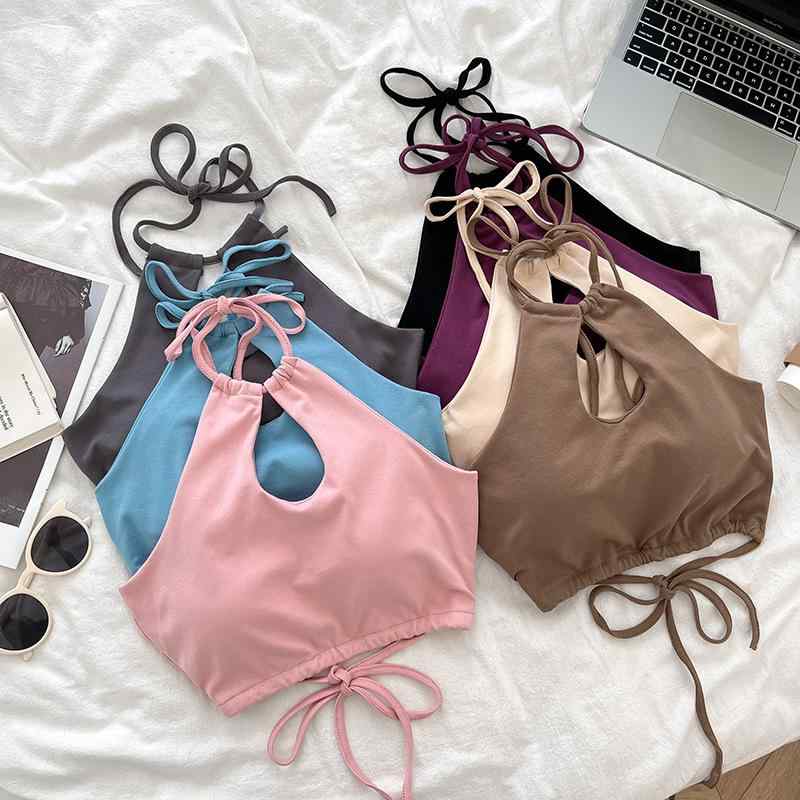 Camisoles - レディース トップス 綿 接触冷感 肩紐 ハルネック キャミソール 背中開き チューブトップ 超短丈 修身 スリム 切り替え デザイン ハイウエスト フィット 軽量 高弾性 伸縮性 夏 春夏 ブルー ホワイト ブラック ピンク ベージュ パープル カーキ