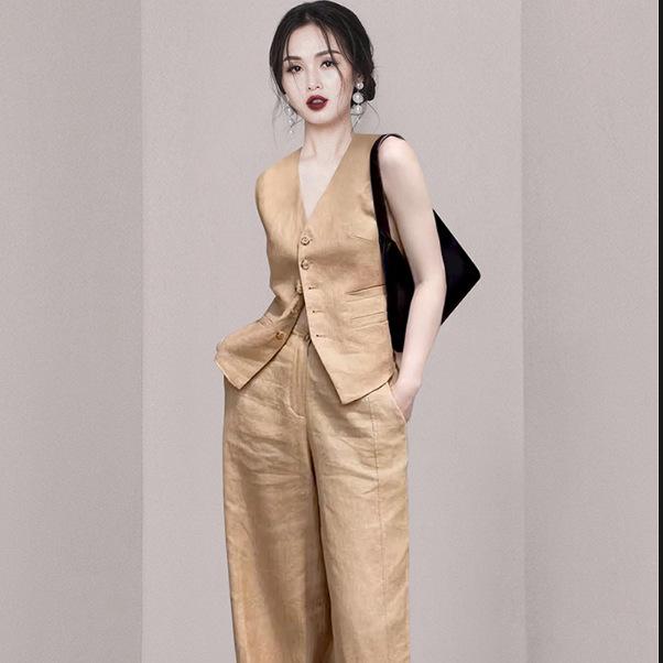 ・カラー: 卡其色・サイズ展開: S,M,L,XL・パンツ丈: ロング・スタイル: 通勤・主な素材: 麻50-70%、ポリエステル・袖丈: ノースリーブ・ネックライン: Vネック・カテゴリ: カジュアルセット