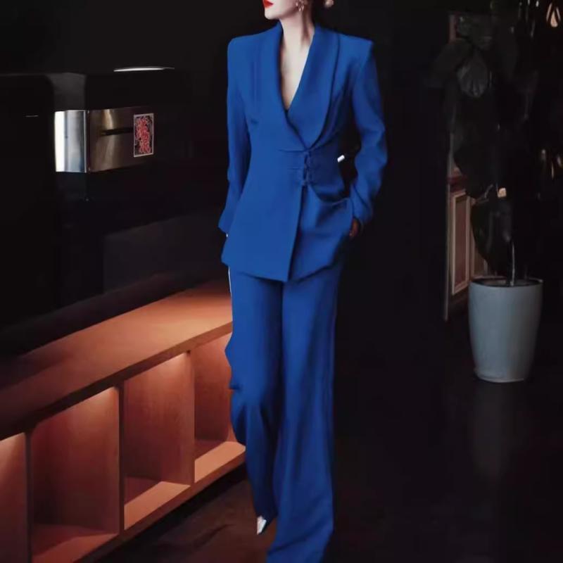 Work Clothes （Office） - レディース セットアップ スーツ ジャケット ワイドパンツ 宝藍色 盤ボタン 中国風 デザイン 通勤用 職業服 気質 スタイル 長袖 ロングパンツ ポケット 詳細 ポリエステル 混 ナイロン 素材 軽量 伸縮性 吸湿速乾 秋冬 対応 カジュアル ビジネス
