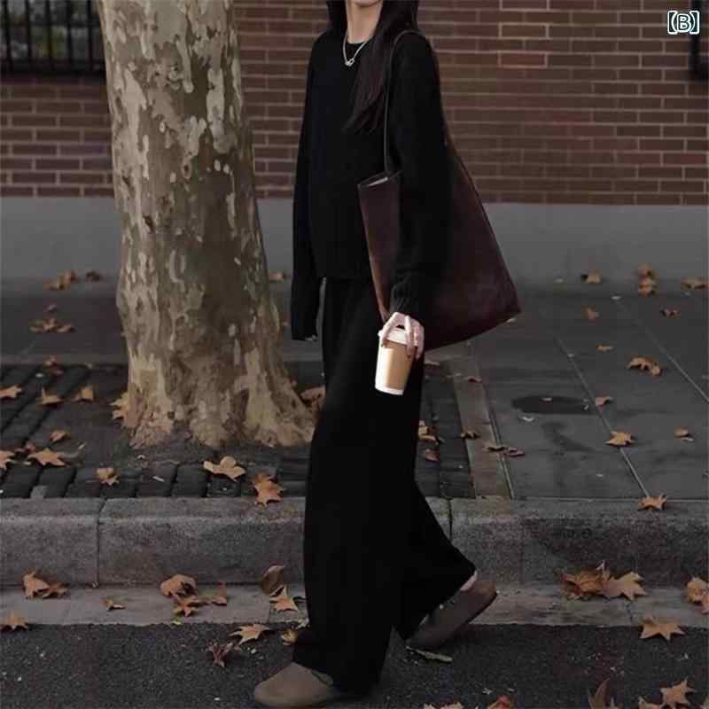 フォークBRのレディース 秋冬 ニットセット トップス 長袖 丸首 ゆったり ストレートパンツ 切り替え ニット 2点セット 純色 提花 長パン 伸縮性 快適 グレー ブラック アイボリー 長袖 ゆったり シルエット 日常使い 部屋着｜アングル3