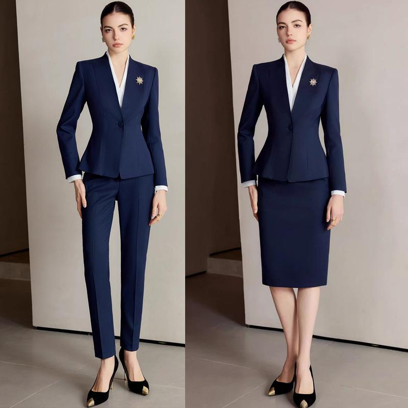 レディース ノーカラー テーラード ジャケット セット ビジネス スーツ 職業服 粘膠繊維 長袖 長ズボン ミディスカート ブラウス ダー..