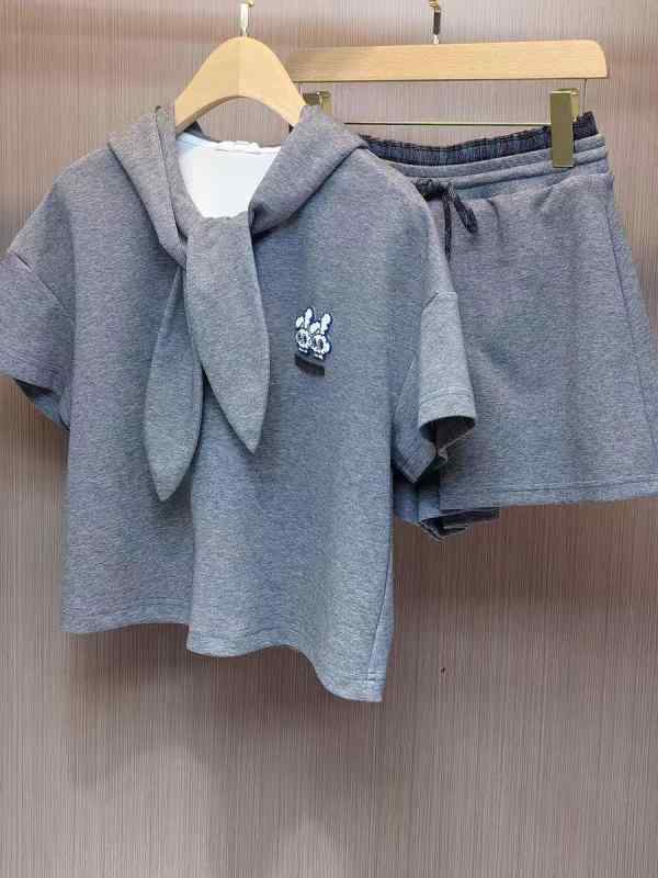レディース 春夏 セットアップ 法式 復古 連帽 短袖 Tシャツ ショートパンツ 灰色 涤纶 ポリエステル 少女風 清新 甘い 荷叶边 フリル 切り替え 拼接 爽やか 軽量 吸湿速乾 通勤 普段使い カジュアル