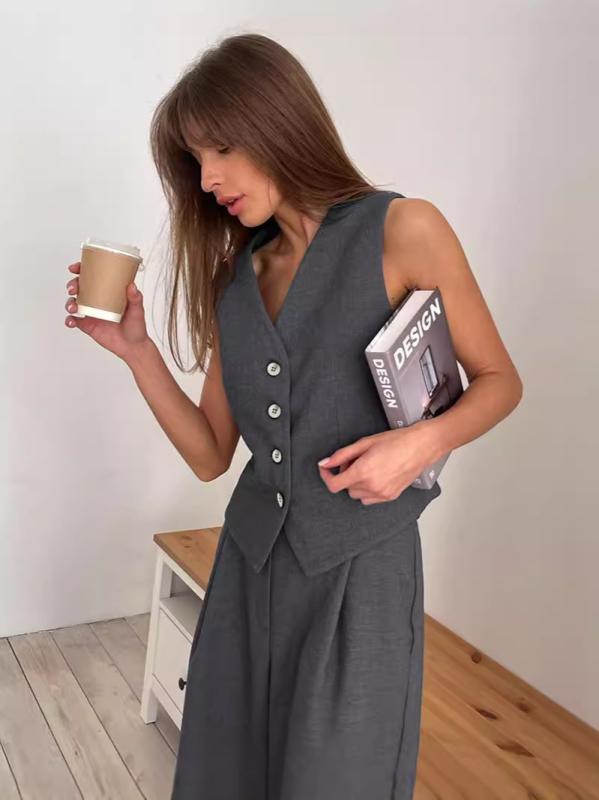 レディース 無袖 Vネック 馬甲 西装 ロングパンツ セット トップス ボトムス 職場 通勤 セットアップ 欧米 スタイル シンプル ミニマリ..