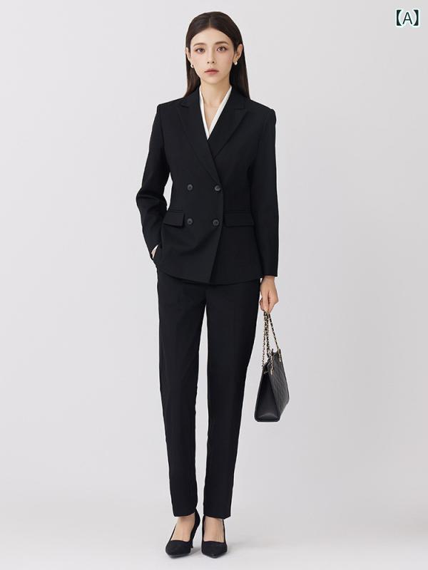 Work Clothes （Office） - 女性 ビジネス スーツ セット 秋冬 長袖 ダブルブレスト ジャケット テーパードパンツ 黒 ネイビー ポリエステル 肩パッド 長パン 通勤 フォーマル 仕事着 高級感 快適 ストレッチ プロフェッショナル スタイル インタビュー コーディネート クラシ