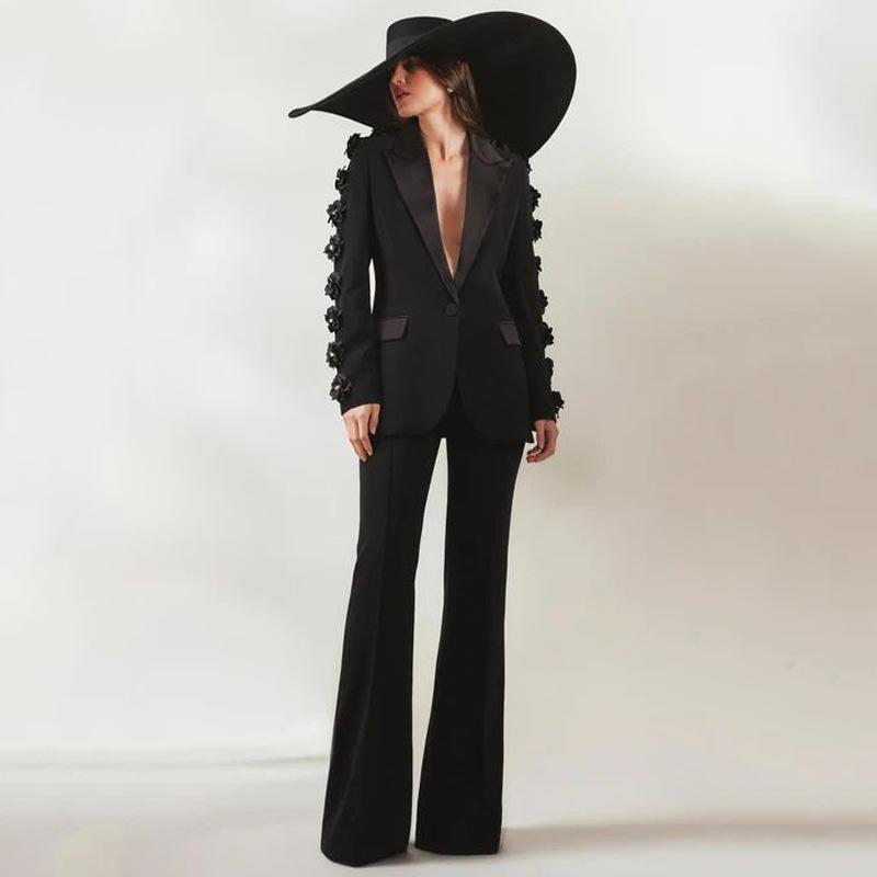 套装 - レディース セットアップ 花柄 トップス ロングパンツ 長袖 ブラック 秋冬 気質 優雅 ポリエステル 95%以上 切り替え デザイン 私服 名媛風 欧米スタイル キャジュアル 普段使い 軽量 伸縮性 吸湿速乾 通勤 外出 セット コーデ 洗練 シルエッ
