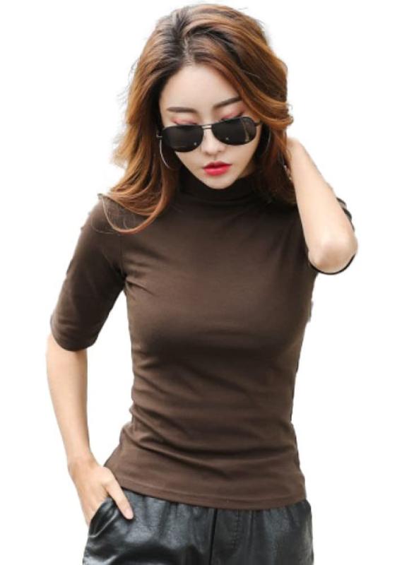 [ZRMU] シャツ スリム 五分袖 ハイネック シンプル ストレッチ トップス インナー レディース 無地