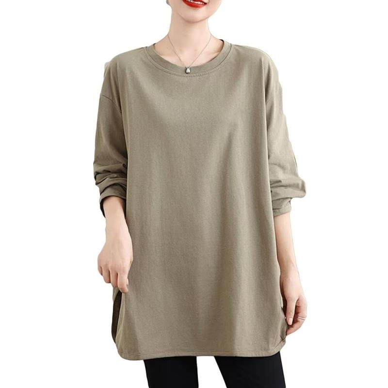 [Uroi] ロングカットソー レディース Tシャツ 長袖 春秋 ブラウス ラウンドネック 柔らか オーバーサイズ ゆったり 体型カバー アンダーシャツ インナー 快適 無地 トップス