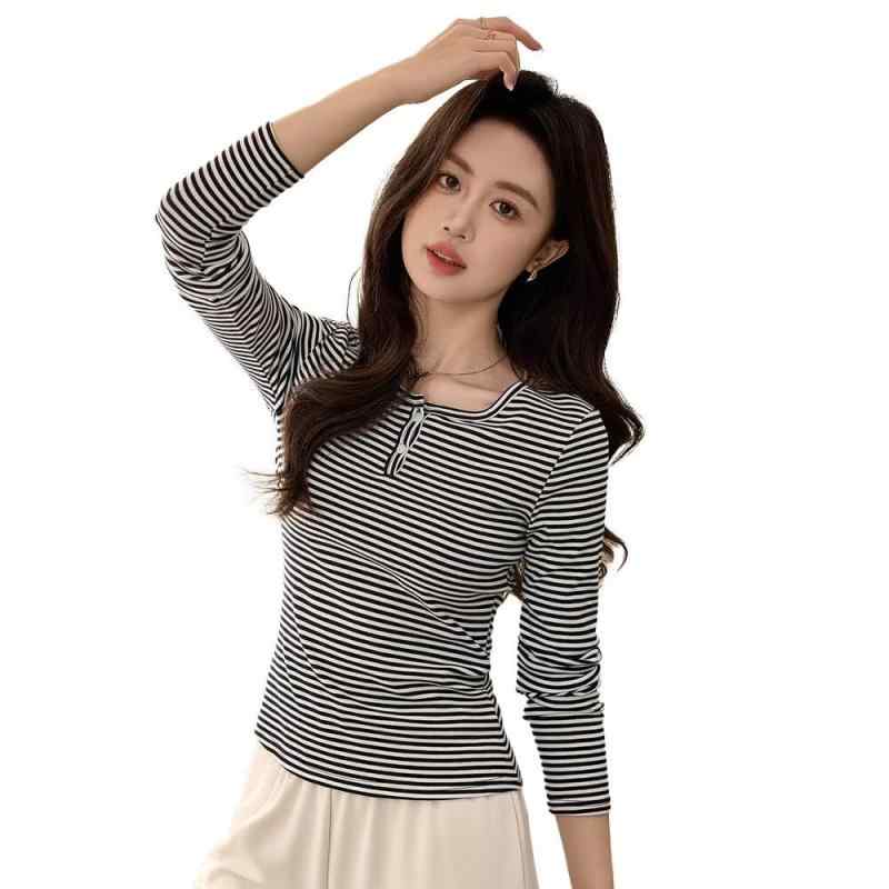 [Uroi] ストライプ柄Tシャツ レディース 長袖 春秋冬 カットソー ラウンド襟 綿 ストレッチ性 スリム カジュアル アンダーシャツ インナー トップス