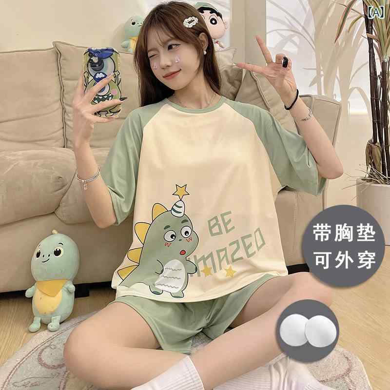 レディース 短袖 ルームウェア セット かわいい キャラクターパターン 接触冷感 薄手 夏 秋 丸首 三分袖 ショートパンツ 少女向け 部屋着 アウトドア カラフル かわいい動物プリント 軽量 吸湿速乾 ポリエステル素材 ゆったりシルエット