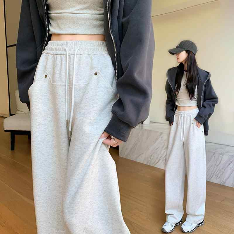 乐天商城 - レディース 春夏 ワイドパンツ 灰色 切り替え デザイン コットン 混 ポリエステル 素材 微弾力 高腰 ロング丈 口袋 付き ストレート シルエット ゆったり ルーズ スタイル 細身 効果 軽量 通勤 普段使い 部屋着 対応 かわいい シンプル デイリ