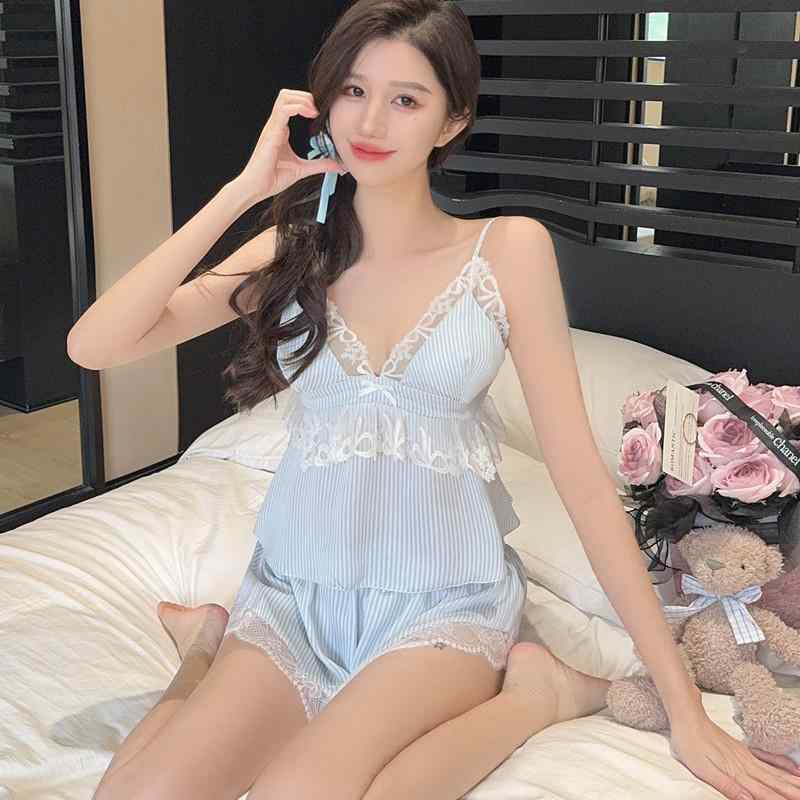 レディース 吊り紐 キャミソール ショートパンツ セット 春夏 薄手 接触冷感 ポリエステル ストライプ Vネック 無袖 かわいい セクシー 寝間着 ルームウェア インナー 外出可 軽量 吸湿速乾 快適 青年女性用 純欲スタイル カジュアル ホームウェア