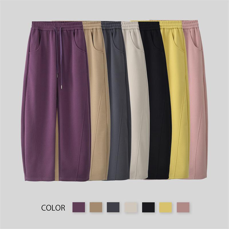 Capri Pants - レディース 春夏 ワイドパンツ コットン 素材 基本款 長ズボン 松腰 ポケット 付き 気質 通勤風 微弾力 休闲パンツ 純色 ブラック グリーン イエロー ピンク ベージュ カーキ パープル グレー ハイウエスト ビッグサイズ スリム効果 シンプル ス