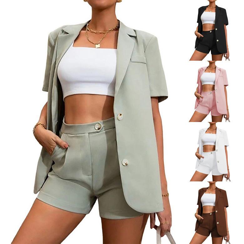 レディース 西服 セット ジャケット ハイウエスト ショートパンツ 2点セット 純色 切り替え デザイン コットン 混紡 ストレッチ 素材 ピンク ブラック ライトグリーン 3分袖 3分丈 街頭 スタイル 気質 優雅 ヨーロッパ アメリカ 風 夏 シーズ