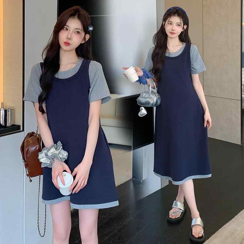 ワンピース レディース マタニティ 接触冷感 假两件 Tシャツ ロング丈 半袖 妊婦用...