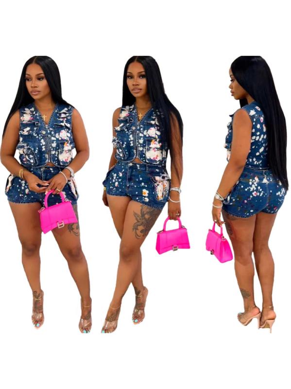 レディース 馬甲 ショーツ セット 切り替え 柄 牛仔 素材 接触冷感 ポケット デザイン ハイウエスト ショートパンツ 伸縮性 軽量 夏 春夏 通勤 普段使い 気質 スタイル ブルー カラー デニム 風 ビッグシルエット 吸湿速乾 機能 再生繊維 混紡