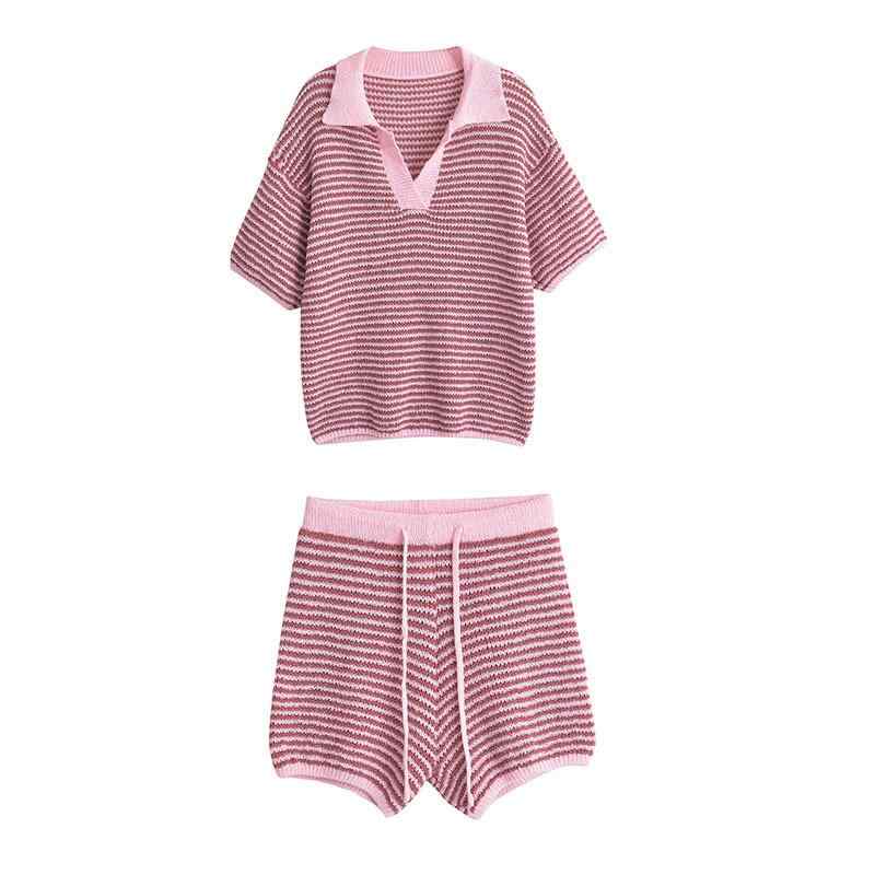 レディース 秋冬 セットアップ ニット トップス ハイウエスト ショートパンツ ストリートファッション 涤纶 ポリエステル 素材 緑 グリーン ピンク かわいい 条紋 格子柄 系带 デザイン ゆったり ルーズフィット 三分袖 袖 3分丈 パンツ 秋 季節