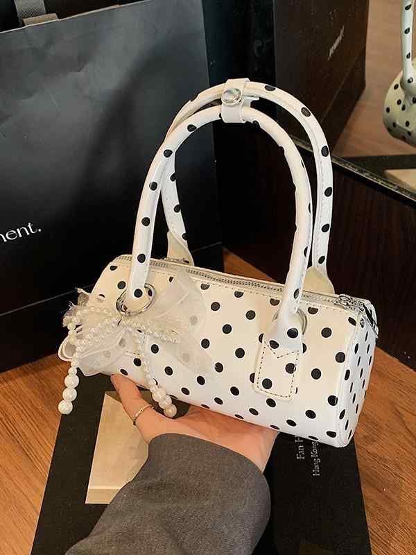 ミニバッグ 女性用 春夏 かわいいポルカドット 筒型 斜めがけ ハンドバッグ 街頭スタイル 軽量 PU素材 ジッパー開閉 単肩ストラップ 日常使い 迷你サイズ 赤 白 黒 カラー トレンド 車縫いステッチ ポリエステル内張り 中硬度 内ポケット コンパク