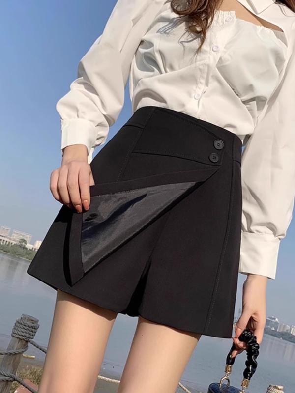スカートパンツ 女性用 春夏 韓系 カジュアル 高腰 Aライン 熱パンツ スカート ショートパンツ トップス 切り替え デザイン ポリエステル 再生繊維 ミックス 素材 微弾性 軽量 伸縮性 ブラック 黒 カラーバリエーション 普段使い ストリートファッ