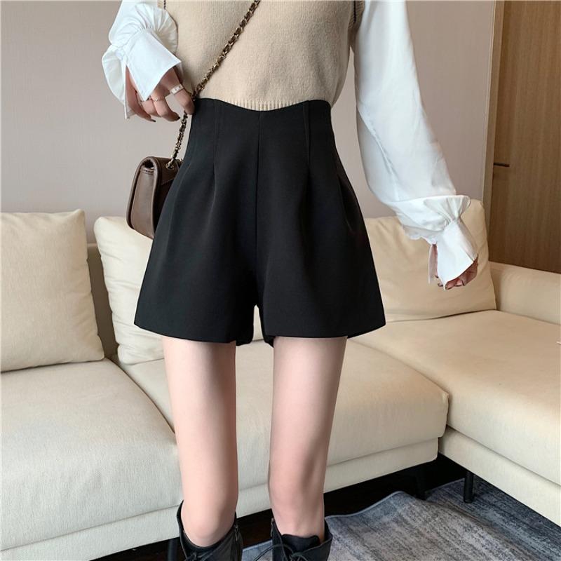 レディース 秋冬 ワイドパンツ ショート ハイウエスト 黒 通勤用 韓国風 ゆったり スリム ストレート ビジネス カジュアル 綿混 軽量 伸縮性 デイリー 普段使い