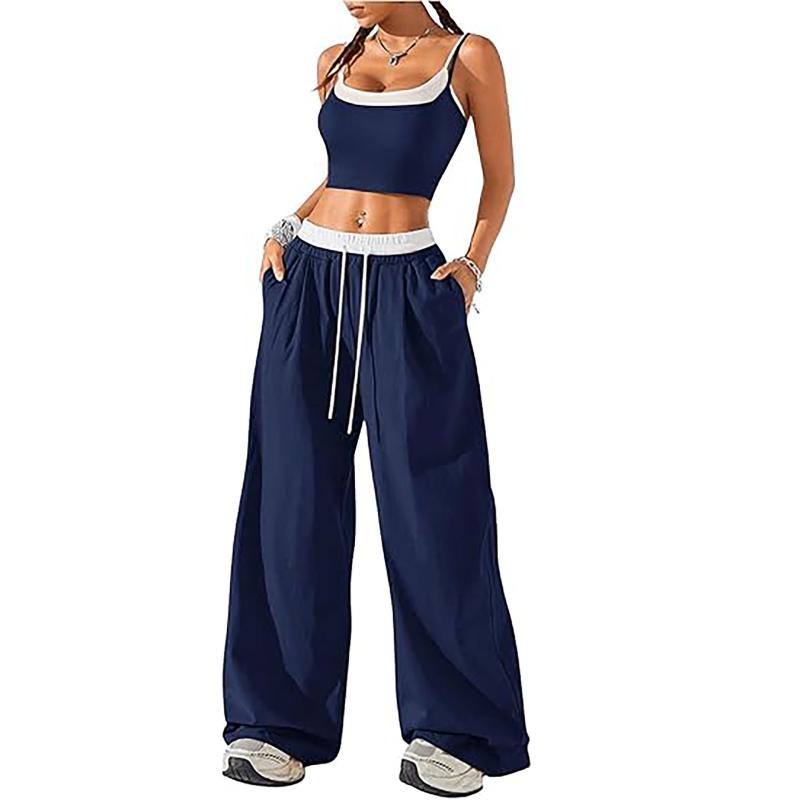 レディース ワイドパンツ セット 女性用 高腰 ゆったりシルエット ドロスト 切り替えデザイン ポケット付き 長丈 ポリアエステル 素材 深紺 赤 グレー カラー 気質 通勤 スタイル 都市風 個性 ストリート ファッション 吸湿速乾 軽量 春夏 シーズ