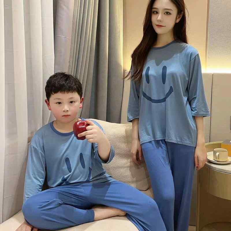 子供服 男女兼用 春夏 モダール 接触冷感 子供用 部屋着 七分袖 九分丈パンツ セット 笑顔柄 薄手 柔らかい 吸湿速乾 ブルー グレー ホワイト ピンク パープル グリーン 90cm 100cm 110cm 120cm 130cm 140cm 150