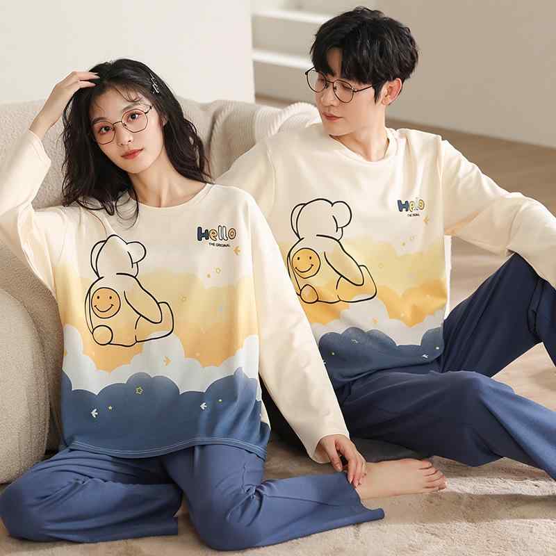 パジャマ セット 綿 長袖 ルームウェア 男女ペア かわいい 動物プリント トップス パンツ セットアップ シンプル カジュアル 居家 快適 伸縮性 中厚 丸首 秋冬 春 室内着 リラックス 普段使い