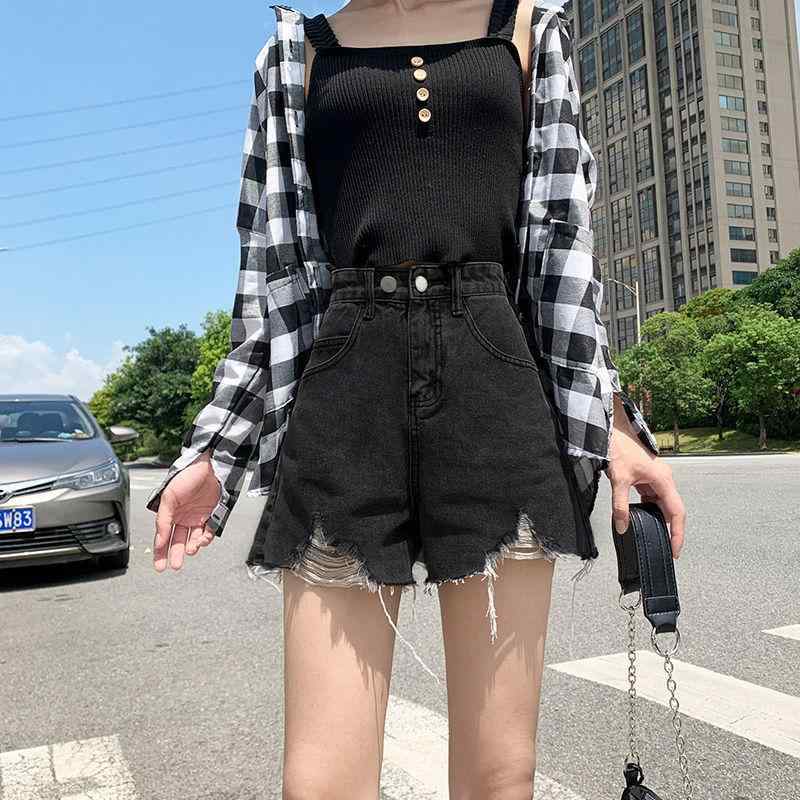 樂天商城 - デニム ショートパンツ 女性用 ハイウエスト 春夏 薄手 綿 素材 韓国風 シンプル 通勤 普段使い 切り替え 破れ加工 洗い加工 黒 グレー ライトブルー ホワイト Aライン ワイドレッグ スリム効果 軽量 伸縮性 吸湿速乾 カジュアル スタイル