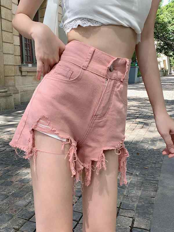 乐天商城 - レディース ショートパンツ 春夏 デニム ハイウエスト Aライン 破れ加工 毛フェード ピンク 薄手 微弾性 軽量 伸縮性 普段使い かわいい 甘め すっきりシルエット 女性用 韓国風 カジュアル デイリーウェア 通勤 通学