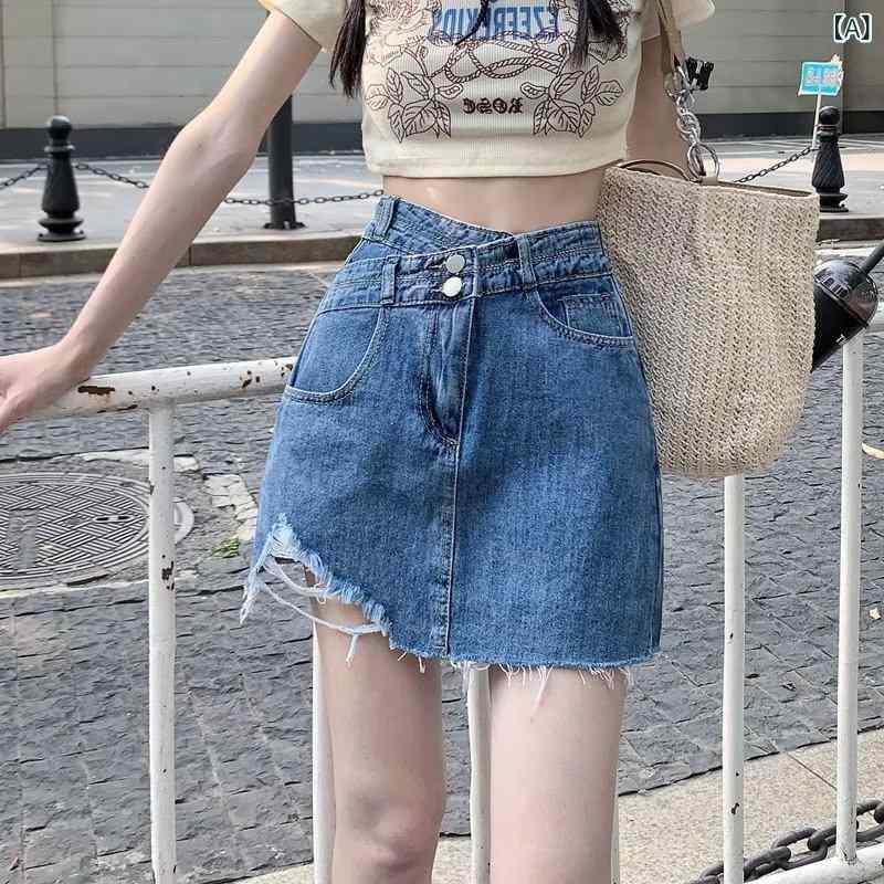 乐天商城 - スカート 女性用 デニム ショートスカートパンツ 毛羽立ち デザイン Aライン 包み込み ミッドレングス 深青 コットン 素材 微弾性 通勤 スタイル 気質 優雅 欧米風 東南アジア 流行 スリム フィット 夏 春夏 軽量 吸湿速乾 普段使い 伸縮性 再