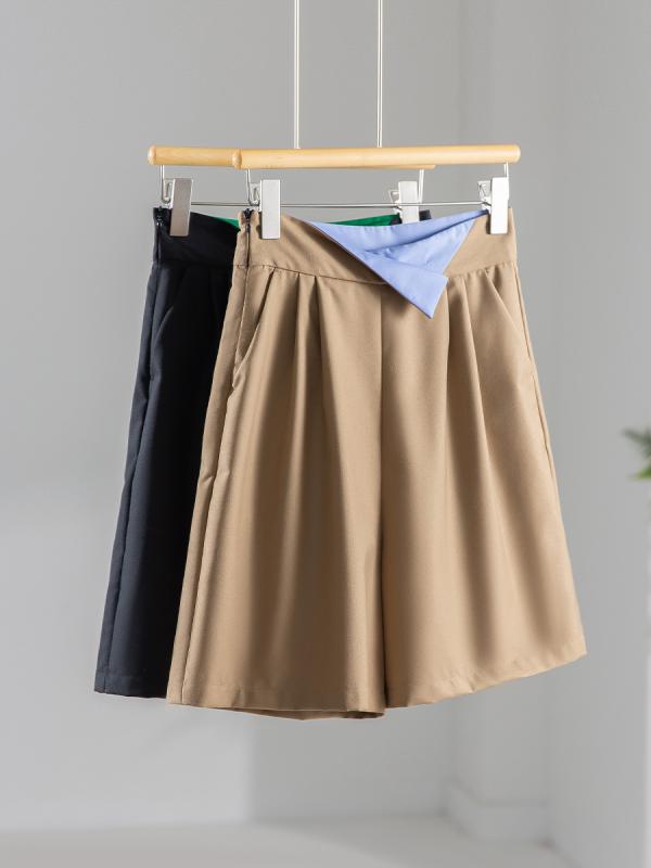 ショートパンツ レディース 高腰 切り替え 夏 通勤 普段使い ポリエステル 軽量 無弾力 ポケット ワイドレッグ クロップド ブラック カーキ 気質 基本款 ミッドウェイト クラシック 欧米風