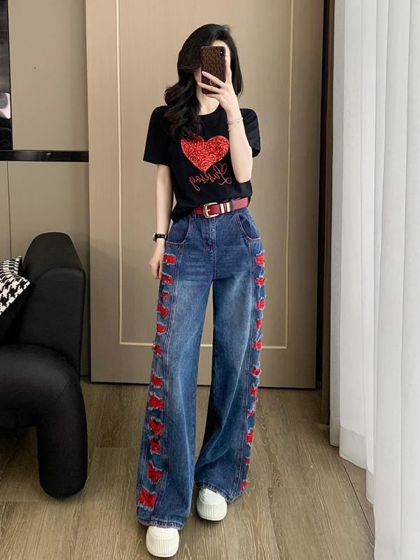 レディース 夏 トップス セット かわいい 短袖 Tシャツ デニム ワイドパンツ セット 接触冷感 素材 軽量 吸湿速乾 日韓 カジュアル スタイル 通勤 普段使い ビッグシルエット ハイウエスト 切り替え デザイン ブラック ピンク系 アイボリー カラ(x5)