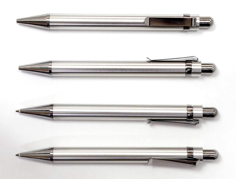 日本製シボ牛革ペントレイ黒 メタルタッチ棒銀とオール金属頑強ストレートノックボールペンセット TRASB-ALST-M11B