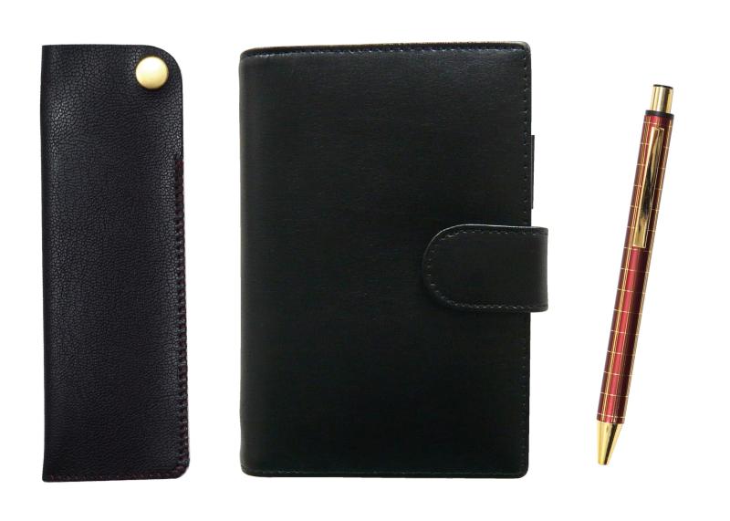 エコB7牛革ミニシステム手帳と横ホックペンケース黒 NQ30K 太軸金属ストレートノック・ダブルアルマイト加工格子ボールペンセット 赤 T23-LS002B-NK01B-NQ30KB-R