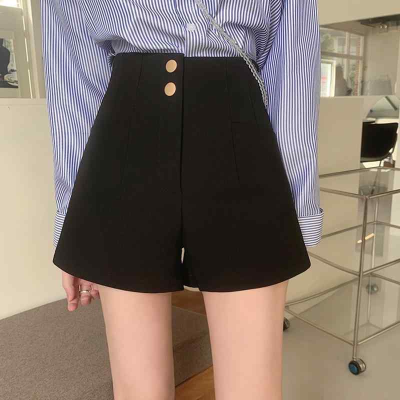 レディース 秋季 クールビズ ハーフパンツ 女性用 韓国風 高腰 ブラック ワイドレッグパンツ Aライン スカート風 ゆったりシルエット デイリーウェア 天竺混紡 ポリエステル混 マイクロフレア ミディアム厚 シフォン素材 微弾性 ノンアイロン加工 清新