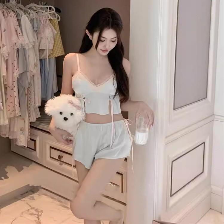 レディース 吊り下げトップス ショートパンツ セット 薄手 超薄手 Vネック ノースリーブ 軽量 居家服 ホームウェア ルームウェア ゆったり カジュアル 浅緑 ライトグリーン 春夏 夏 女性用 青年向け 寝間着 インナー ソフト 快適 通年使用
