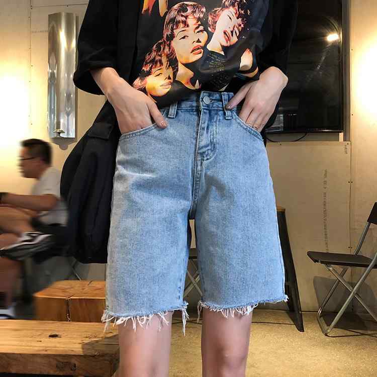デニム ショートパンツ 女性用 高腰 夏用 ゆったり レトロ フリンジ ストレート ワイドレッグ 綿素材 接触冷感 吸湿速乾 ブルー 通勤 普段使い 軽量 伸縮性 OLスタイル 気質 かわいい 潮