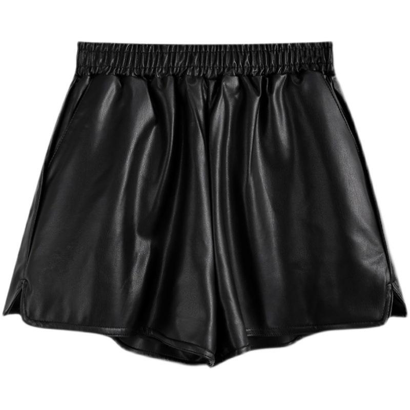 樂天商城 - レディース ショートパンツ 秋冬 ハイウエスト ワイドレッグ 微喇 膝上丈 黒 ベージュ ブラウン PUレザー 微弾性 中厚手 立体パターン 免烫加工 清新 甘め セクシー 学生 カジュアル 普段使い ラフスタイル スリム効果 百搭 外出向き