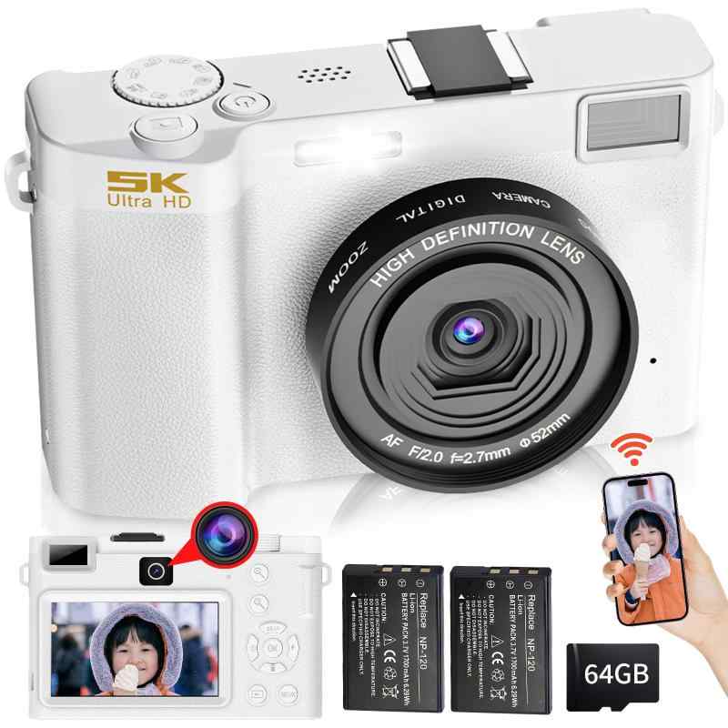 Moledro WIFI転送機能 デジタルカメラ スマホに送れるデジカメ 5K 6400万画素 デュアルレンズ 64GBマイクロSDカード付き 18倍デジタルズーム オートフォーカス機能 手振れ補正 ウェブカメラ 自撮