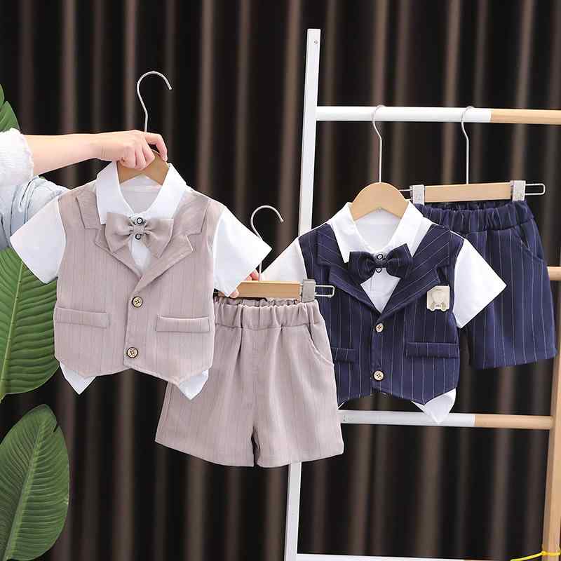 キッズ 男の子 夏 短袖 西装 セット 偽馬甲 蝶ネクタイ 綿 柔軟 薄手 動物柄 条紋 格子 純色 カード 迷彩 花柄 ピンク系 アイボリー 接触冷感 吸湿速乾 伸縮性 軽量 普段使い 遊び着 通勤風 親子コーデ 英伦スタイル ボヘミアン カジュアル
