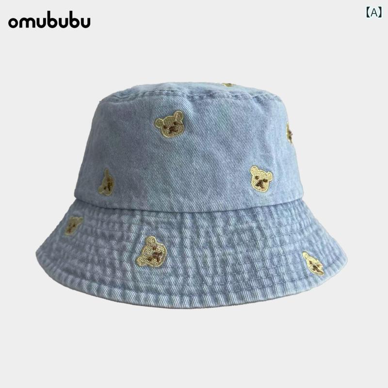 乐天商城 - 親子 漁夫帽 キッズ レディース メンズ 刺繍 小熊 牛仔 帽子 春秋 防晒 遮阳 個性 潮 浅色 中色 深色 丸頂 ワイドブリム 水洗 デニム 動物 柄 親子コーデ 軽量 通気性 春夏 秋冬