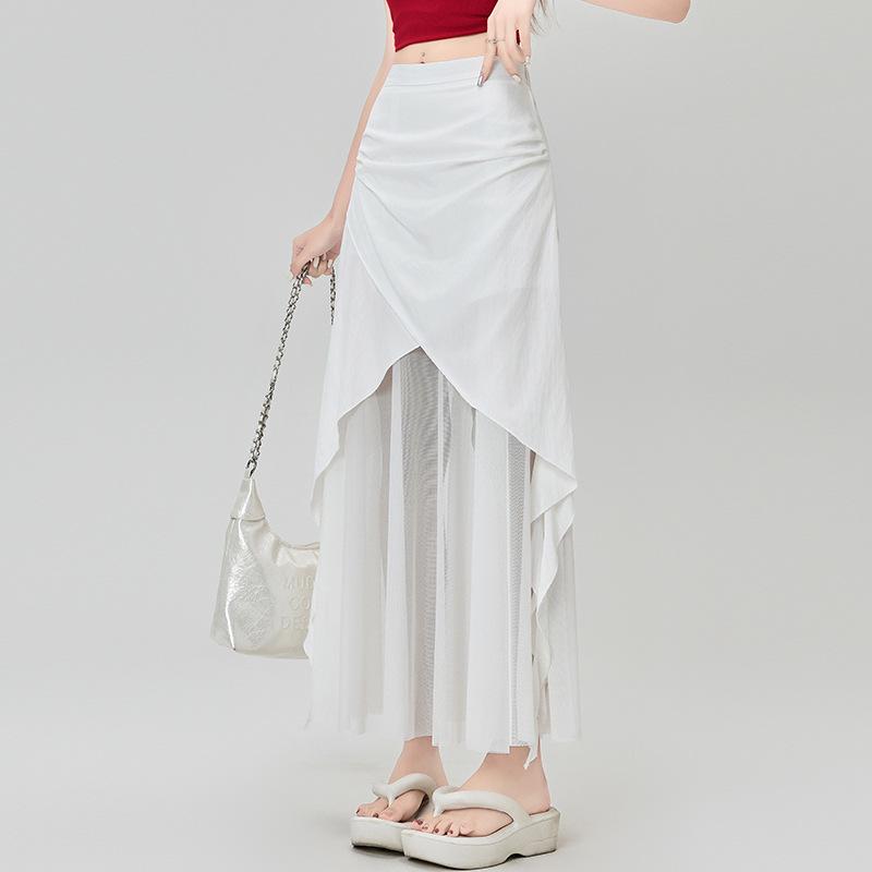 Rakuten - スカート 女性用 韓国風 かわいい レース 切り替え 不規則 ヘム ロング 半身スカート 夏 ポリエステル 軽量 微弾性 フレア シルエット 顯瘦 仙女風 田園風 清新 スタイル 純色 3D 立体 柄 ホワイト ブラック ゆったり 普段使い 爽やか コー