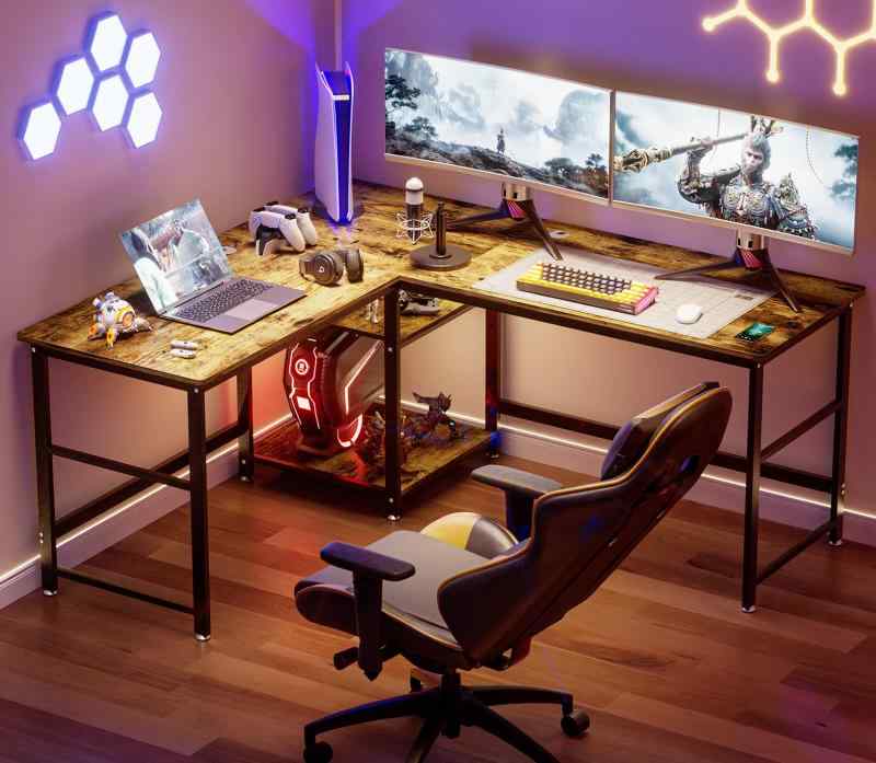 l字デスク パソコンデスク L字型 デスク 幅170+150cm 奥行60cm ゲーミングデスク pcデスク 机 収納 棚 ラック付き コーナーデスク オフィスデスク テレワーク 学習デスク 書斎 在宅勤務 勉強机 超